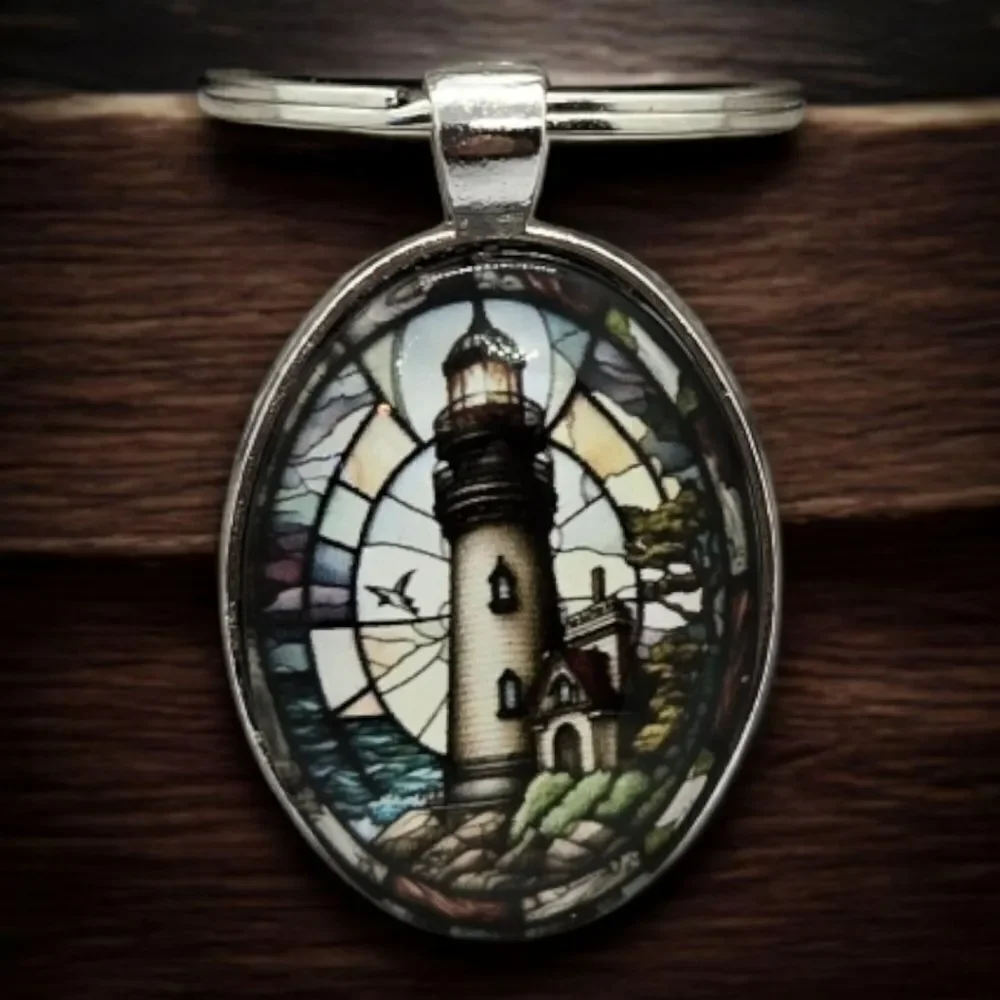 Lighthouse Cabochon Keyring Stained Glass Keychain Key Ring Bag Accessory Chain